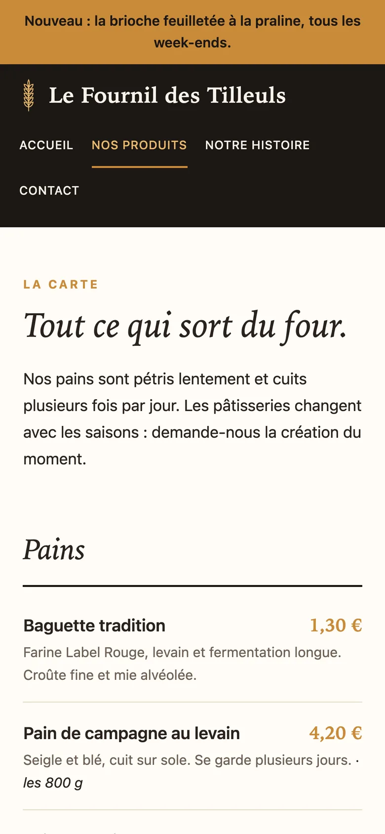 La carte de la boulangerie sur téléphone, avec les prix alignés.