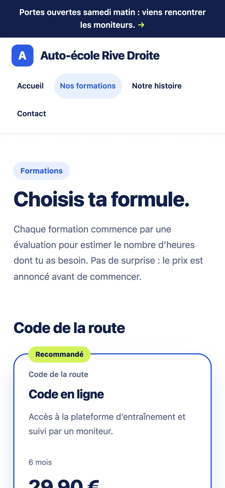 Les formules de l’auto-école sur téléphone, avec leurs prix.